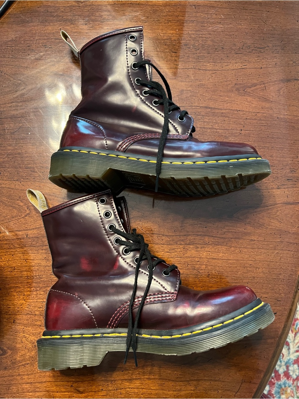 Women’s Burgundy Maroon Doc Martens. Lace Up Combat Boot Patent Vegan Leather